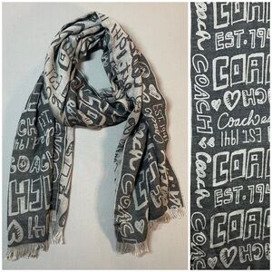 Coach Poppy Signature Scarf; Gray Graffiti Brand Motif Pattern - 2x Small Flaws
